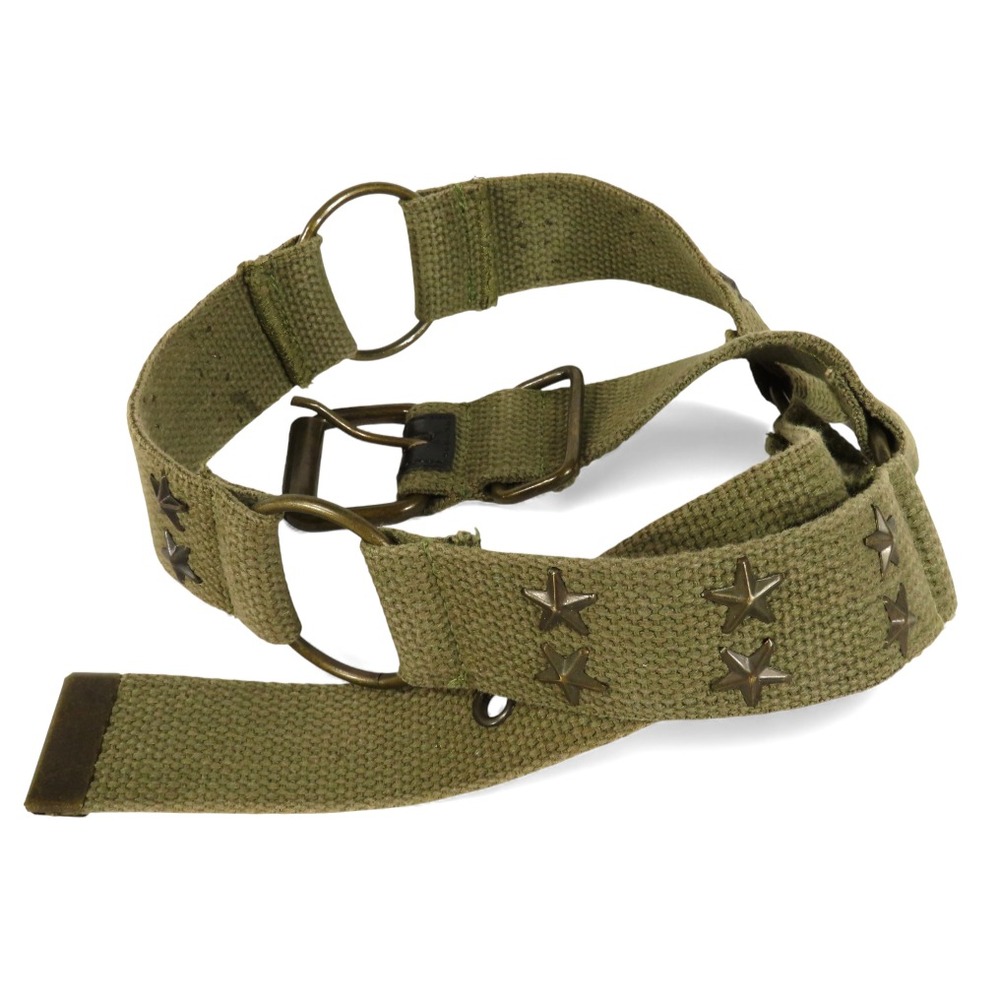 ARMY GREEN WEB BELT Dark Bronze Stars & Rings SEGMENTED CHAIN Military Style M/L